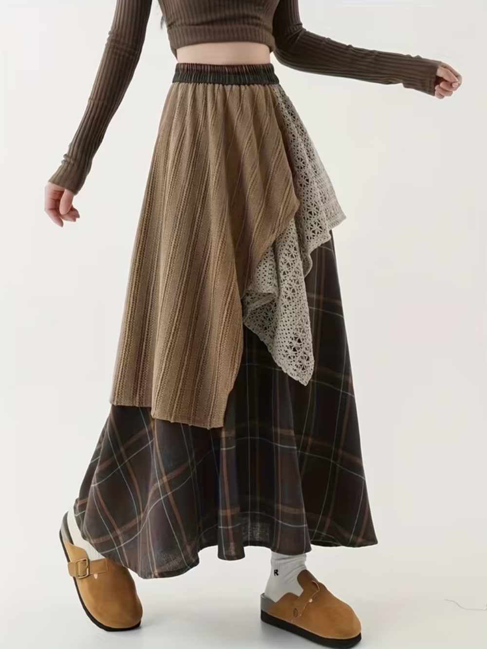 New Mixed Fabric A-Line Midi Skirt